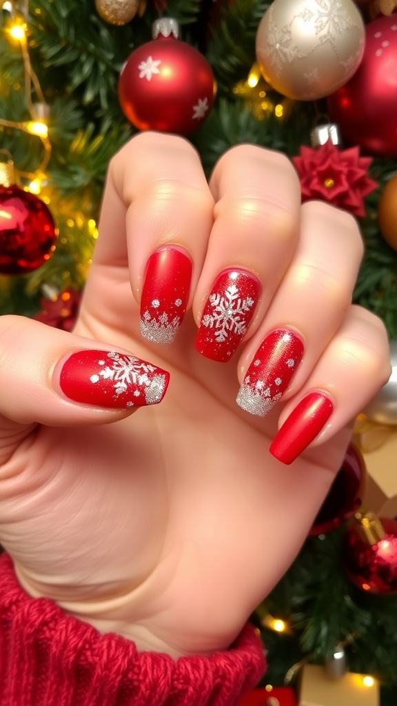Festive Red Christmas Nail Art Ideas Festive red Christmas nails with glitter tips and snowflake designs on a decorated background.